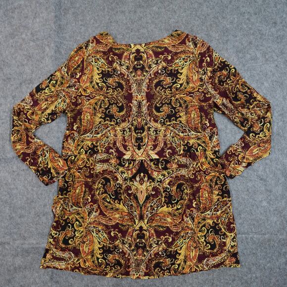 J. Jill Top Womens‎ Large Tunic Paisley Long Sleeve Crew Neck Gold Maroon Blouse - Picture 6 of 10